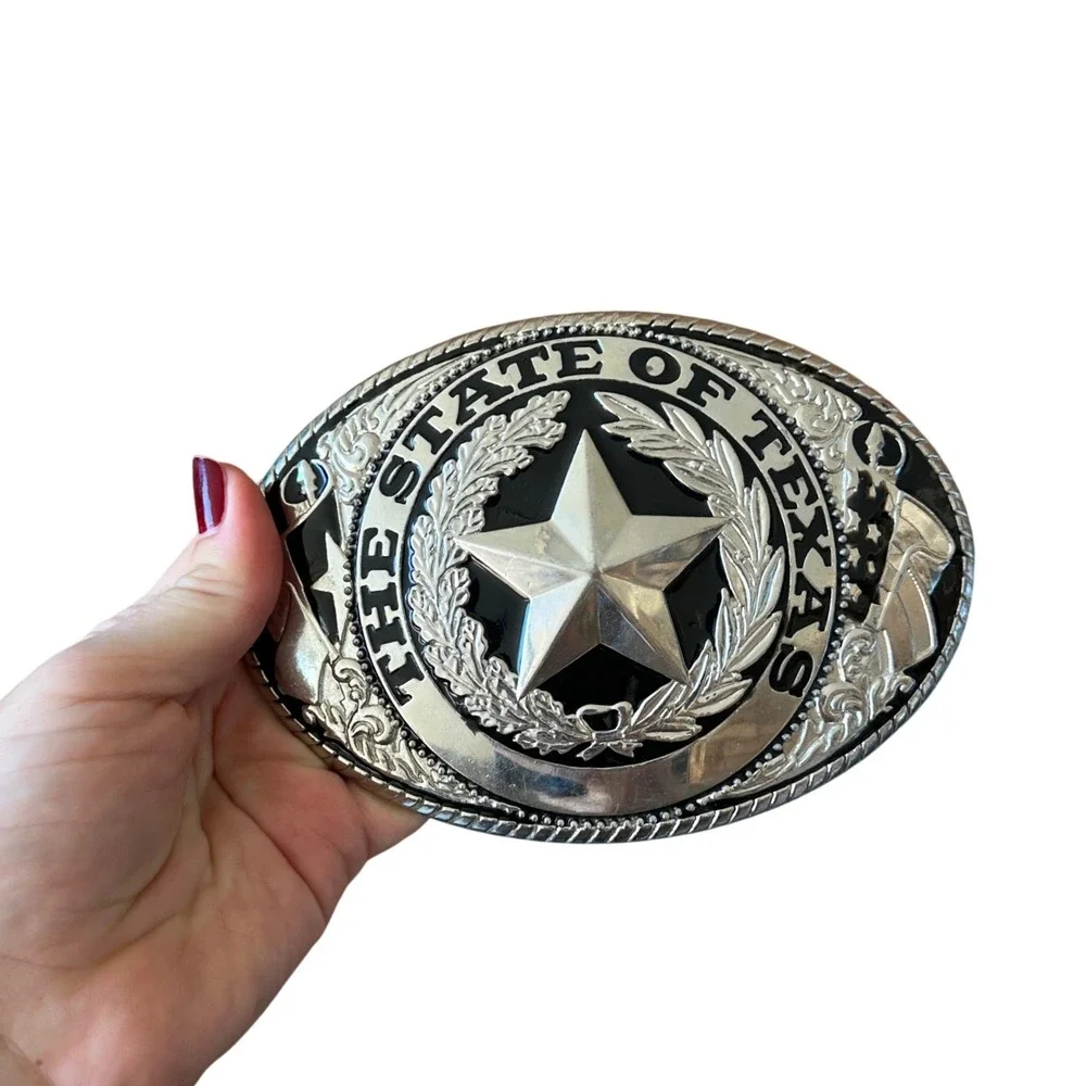 State of Texas Large Oversized Belt Buckle Silver Lone Star Oval Western Rodeo
